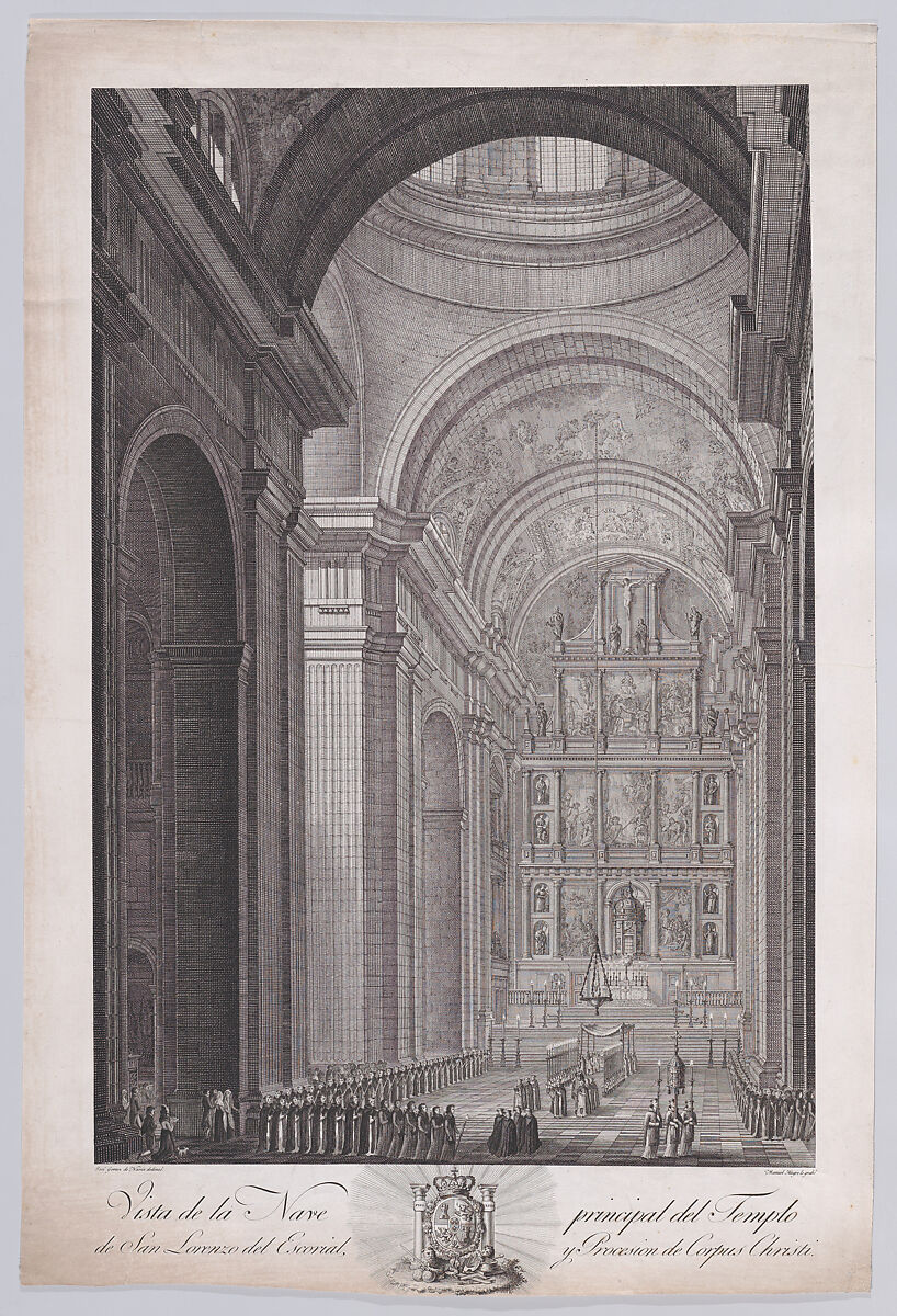 The procession of Corpus Christi in the nave of the Church of the monastery of El Escorial, from a series of Views of El Escorial, Manuel Alegre (Spanish, born 1768), Etching and engraving 