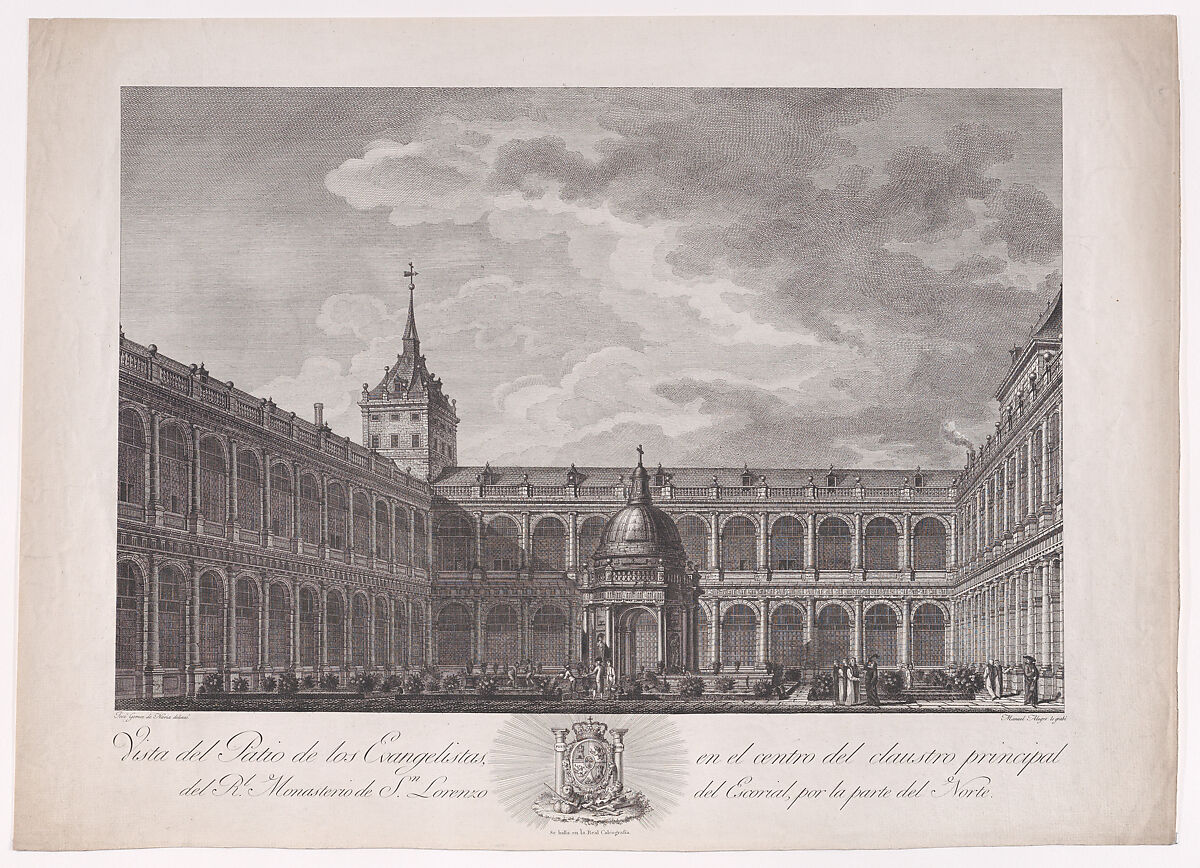 View of the Patio of the Evangelists in the centre of the main cloister of the monastery of El Escorial, from a series of Views of El Escorial, Manuel Alegre (Spanish, born 1768), Etching and engraving 