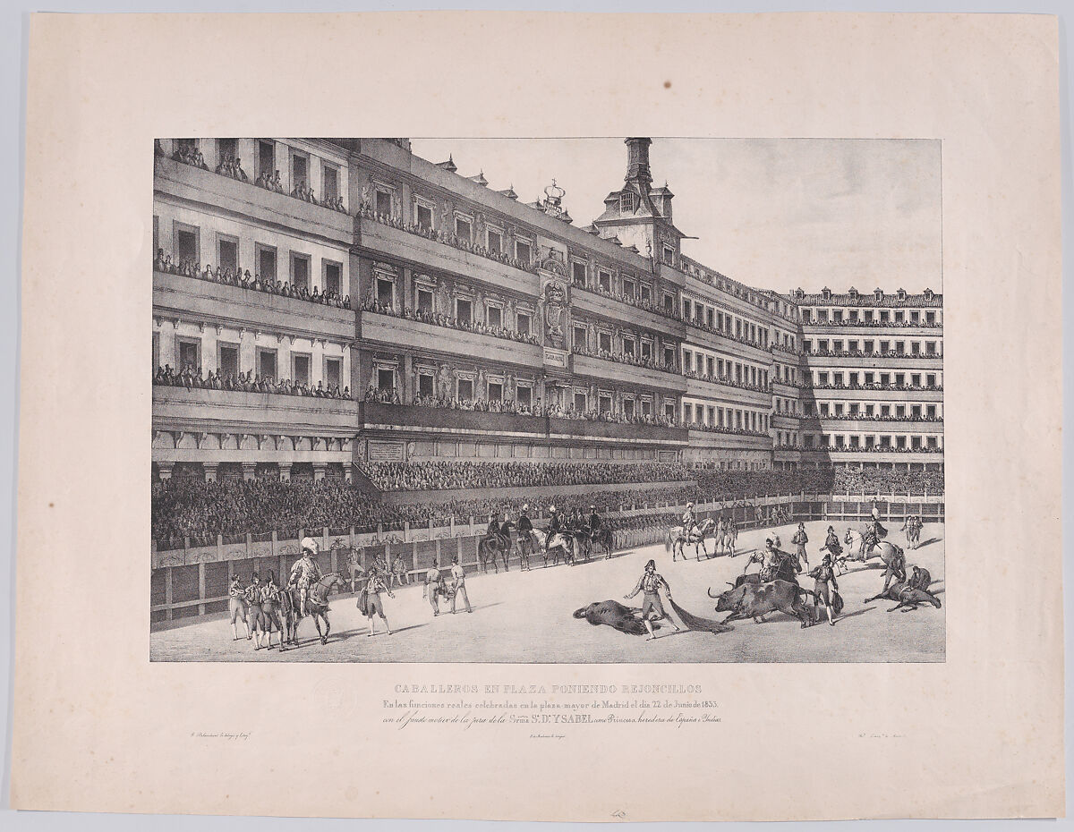 A bull fight in the Plaza Mayor, Madrid, on June 22 1833 in the presence of Isabel II, Henri-Pierre-Léon-Pharamond Blanchard (French, Lyon 1805–1873 Paris), Lithograph 