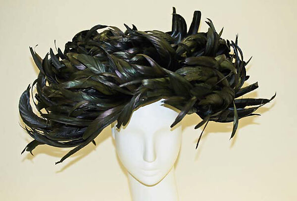 Hat, William J. (American, 1948–1962), cotton, silk, feathers, plastic, American 