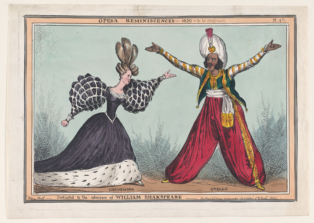 Opera Reminiscences, Plate 1st: Desdemona and Otello, William Heath (&#39;Paul Pry&#39;) (British, Northumbria 1794/95–1840 Hampstead), Hand-colored etching 