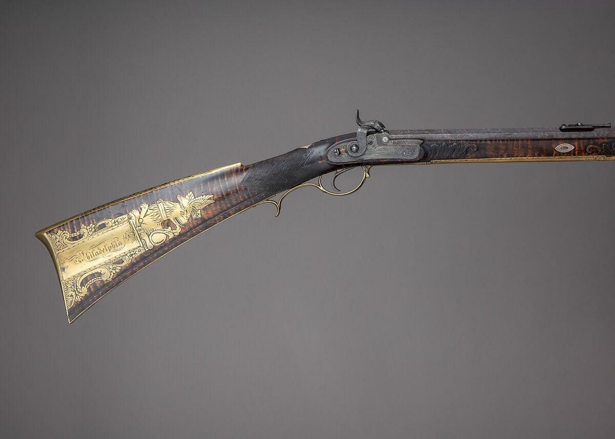 Percussion Longrifle Converted to a Target Rifle, Attributed to Jacob Kuntz (American, Allentown, Pennsylvania 1780–1876 Philadelphia, Pennsylvania), Wood (maple), steel, brass, platinum, silver, horn, bone, stock and fittings, American, Philadelphia; lock, British, London; barrel, Scottish, Edinburgh 