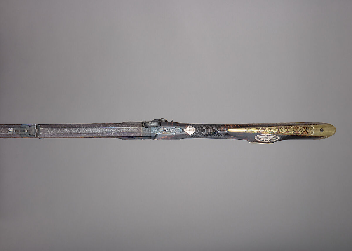 Percussion Longrifle Converted to a Target Rifle, Attributed to Jacob Kuntz (American, Allentown, Pennsylvania 1780–1876 Philadelphia, Pennsylvania), Wood (maple), steel, brass, platinum, silver, horn, bone, stock and fittings, American, Philadelphia; lock, British, London; barrel, Scottish, Edinburgh