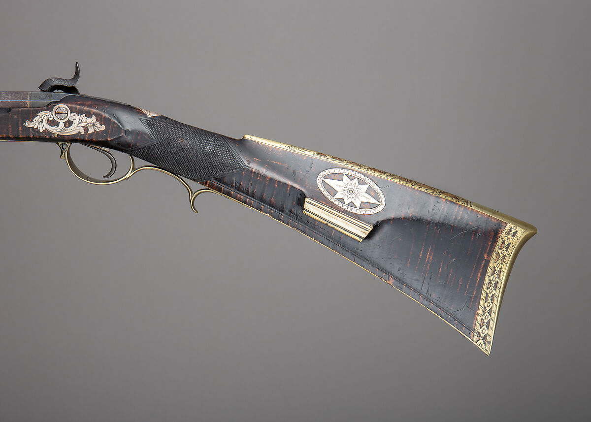 Percussion Longrifle Converted to a Target Rifle, Attributed to Jacob Kuntz (American, Allentown, Pennsylvania 1780–1876 Philadelphia, Pennsylvania), Wood (maple), steel, brass, platinum, silver, horn, bone, stock and fittings, American, Philadelphia; lock, British, London; barrel, Scottish, Edinburgh