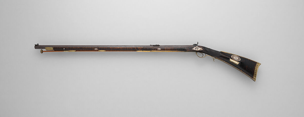 Percussion Longrifle Converted to a Target Rifle, Attributed to Jacob Kuntz (American, Allentown, Pennsylvania 1780–1876 Philadelphia, Pennsylvania), Wood (maple), steel, brass, platinum, silver, horn, bone, stock and fittings, American, Philadelphia; lock, British, London; barrel, Scottish, Edinburgh