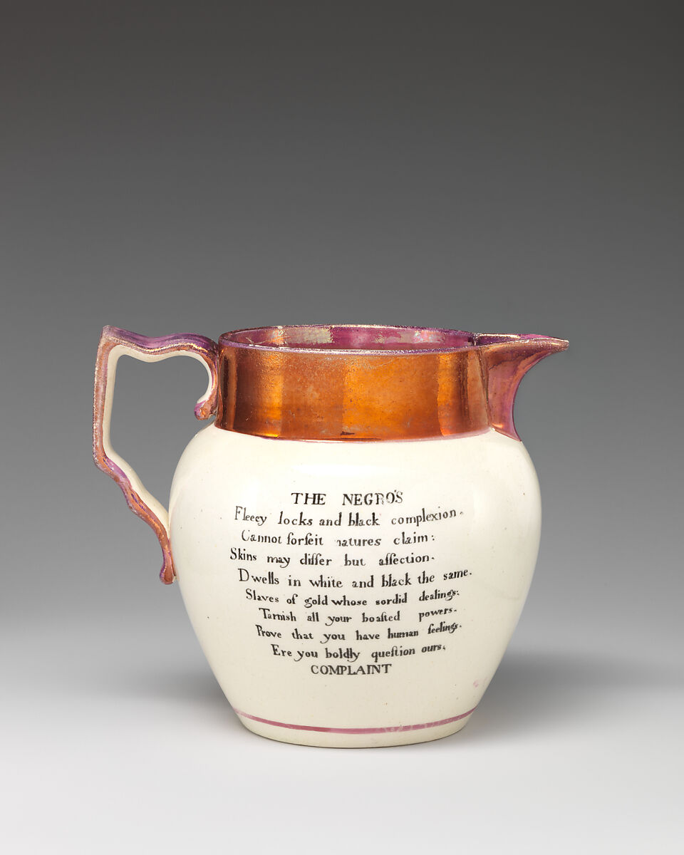 Abolitionist Jug, Pearlware (glazed earthenware) with transfer-printed and luster decoration, British, probably Stafforshire or Sunderland