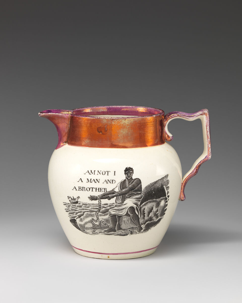 Abolitionist Jug, Pearlware (glazed earthenware) with transfer-printed and luster decoration, British, probably Stafforshire or Sunderland 