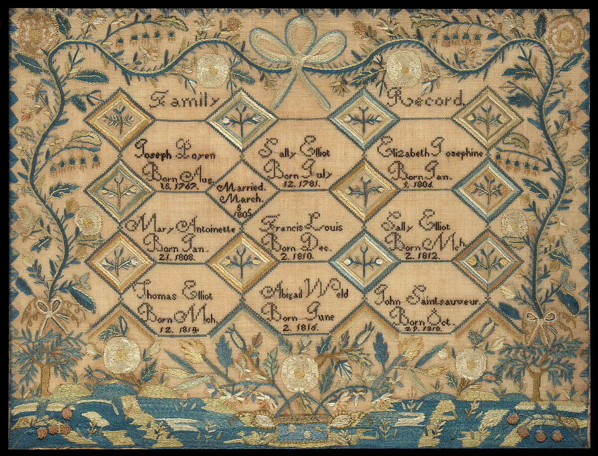 Poyen Family Record Sampler, Probably Elizabeth Josephine Poyen (American, 1806–1868), Silk on linen, American 