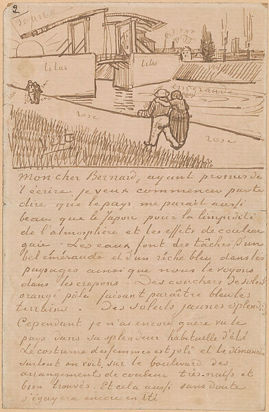 Illustrated Letter to Emile Bernard (Drawbridge with Walking Couple), Vincent van Gogh (Dutch, Zundert 1853–1890 Auvers-sur-Oise), Pen and ink on paper 