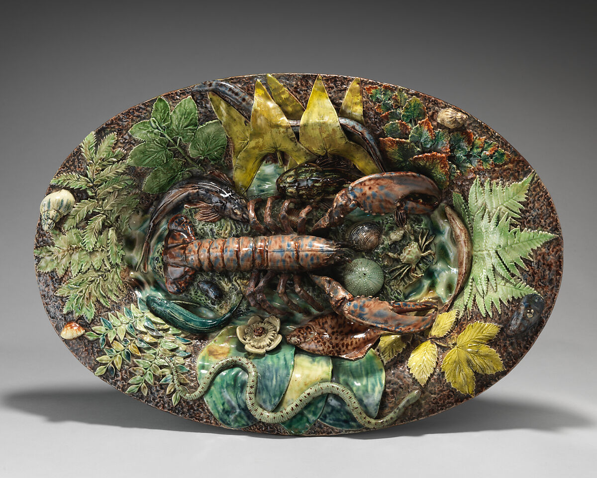 Oval platter with lobster, Thomas-Victor Sergent (French, ca. 1830–ca.1890), Glazed earthenware, French 