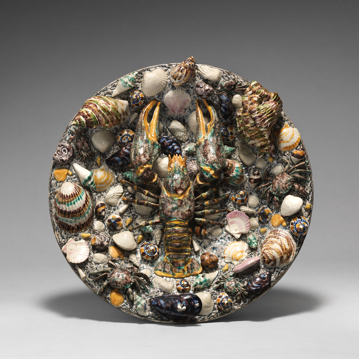 Round dish with lobster and shells, Thomas-Victor Sergent (French, ca. 1830–ca.1890), Glazed earthenware with applied decoration, French 