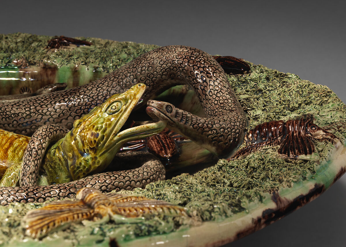 Round dish with fighting lizard and snake, Manuel Mafra (Portuguese, Caldas de Rainha, Portugal, 1830–1905), Glazed earthenware, Portugal, Caldas de Rainha