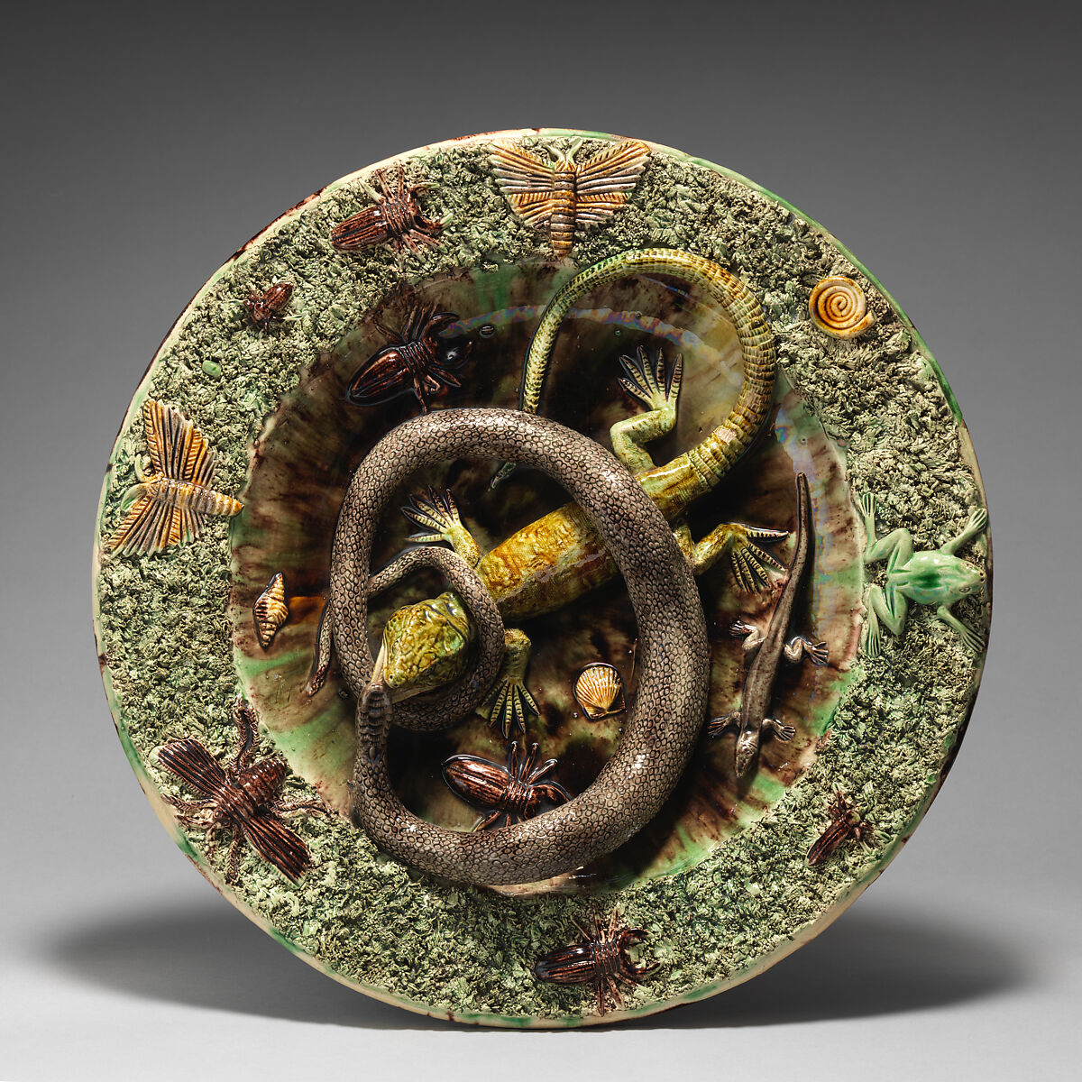 Round dish with fighting lizard and snake, Manuel Mafra (Portuguese, Caldas de Rainha, Portugal, 1830–1905), Glazed earthenware, Portugal, Caldas de Rainha 