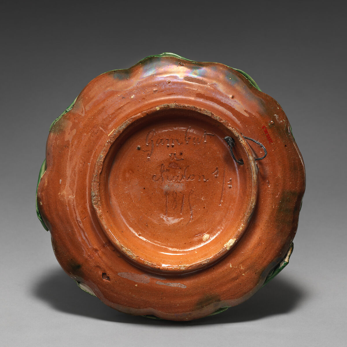 Round dish with cattail border, Emile Gambut (French, active in Chalon-sur-Saône.), Glazed terracotta, French, Beaune