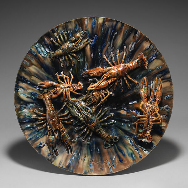 Large round plate with crayfish, Alfred Renoleau (1854 Mansle, Charente, France–1930 Angoulême, France), Glazed earthenware with applied decoration, French, Roumazière 