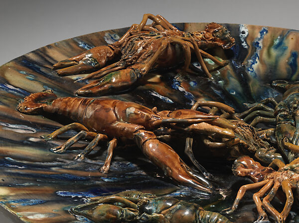 Large round plate with crayfish, Alfred Renoleau (1854 Mansle, Charente, France–1930 Angoulême, France), Glazed earthenware with applied decoration, French, Roumazière