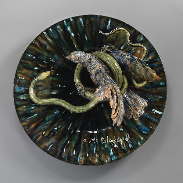 Large round plate with bird and serpent, Alfred Renoleau (1854 Mansle, Charente, France–1930 Angoulême, France), Glazed earthenware with applied decoration, French, Roumazière 