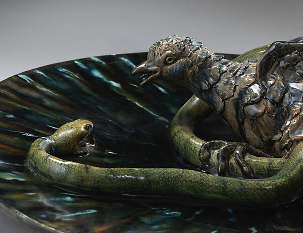 Large round plate with bird and serpent, Alfred Renoleau (1854 Mansle, Charente, France–1930 Angoulême, France), Glazed earthenware with applied decoration, French, Roumazière