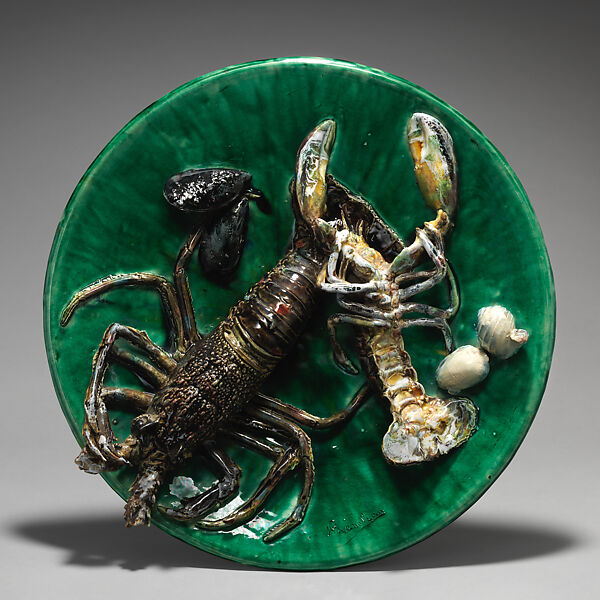 Large round plate with lobsters, Alfred Renoleau (1854 Mansle, Charente, France–1930 Angoulême, France), Glazed earthenware with applied decoration, French, Mansle 