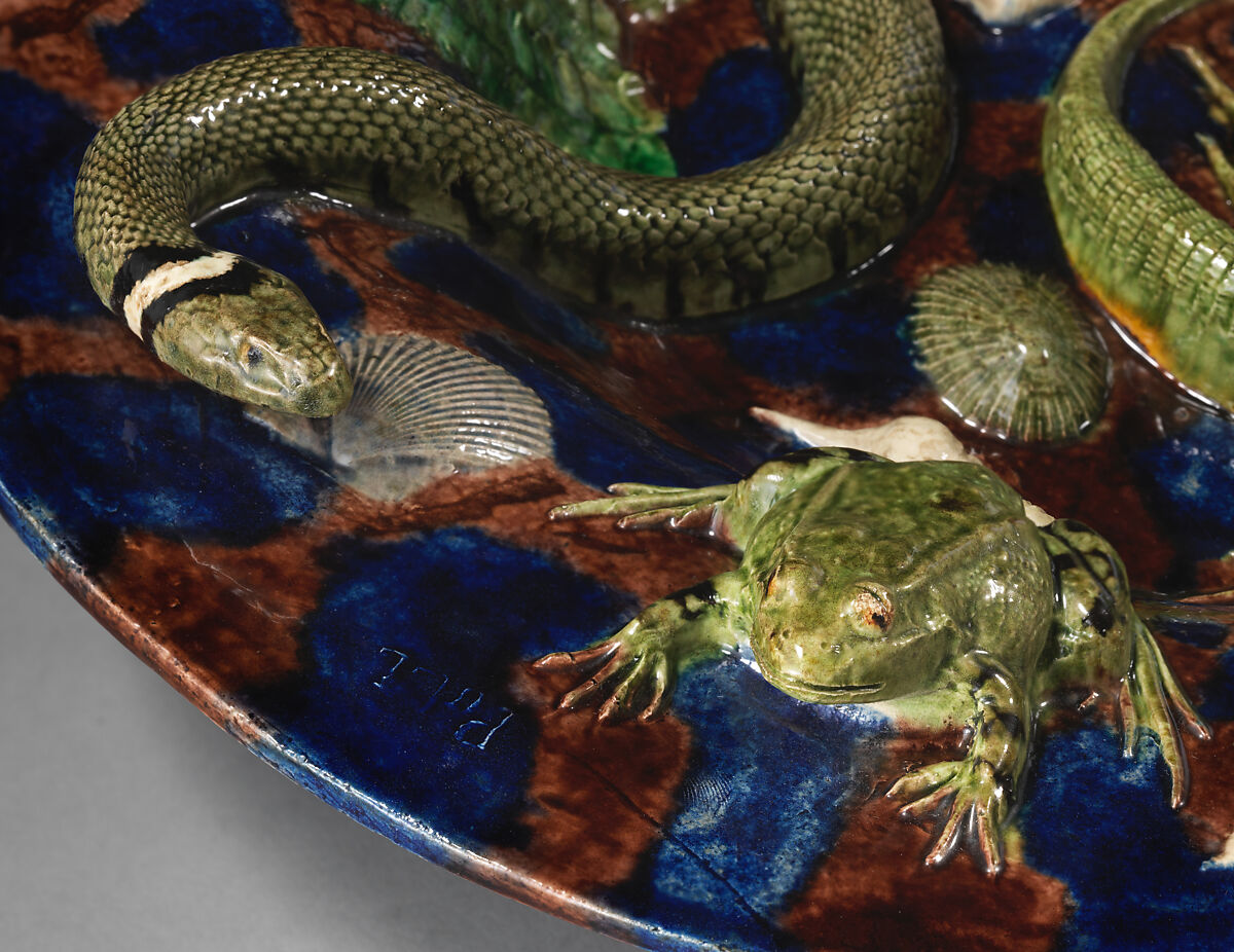 Oval basin with lizards, moths, and blue and purple background, Georges Pull (Wissembourg, Alsace-Lorraine, France 1810–1889 Paris, France), Glazed earthenware, French, Paris