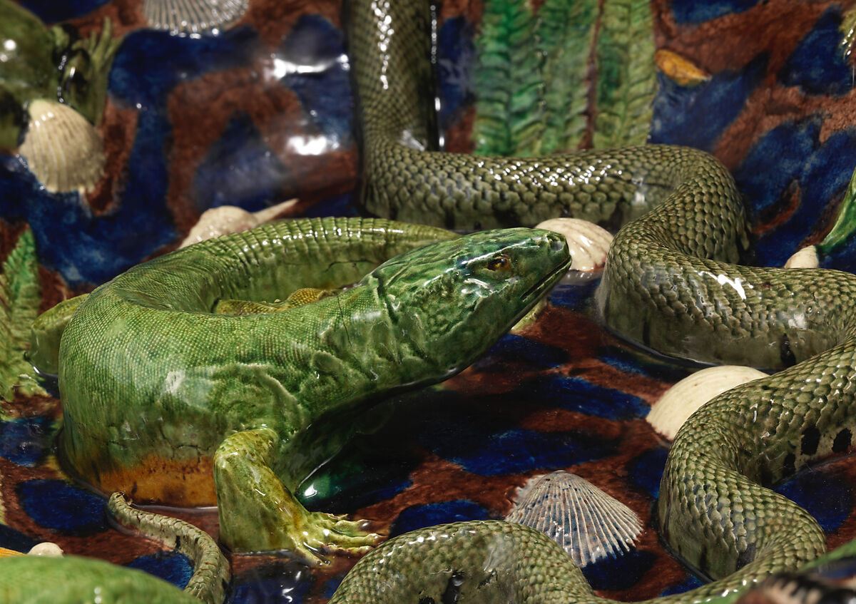 Oval basin with lizards, moths, and blue and purple background, Georges Pull (Wissembourg, Alsace-Lorraine, France 1810–1889 Paris, France), Glazed earthenware, French, Paris