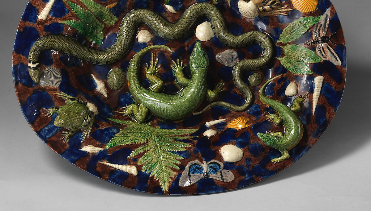 Oval basin with lizards, moths, and blue and purple background, Georges Pull (Wissembourg, Alsace-Lorraine, France 1810–1889 Paris, France), Glazed earthenware, French, Paris