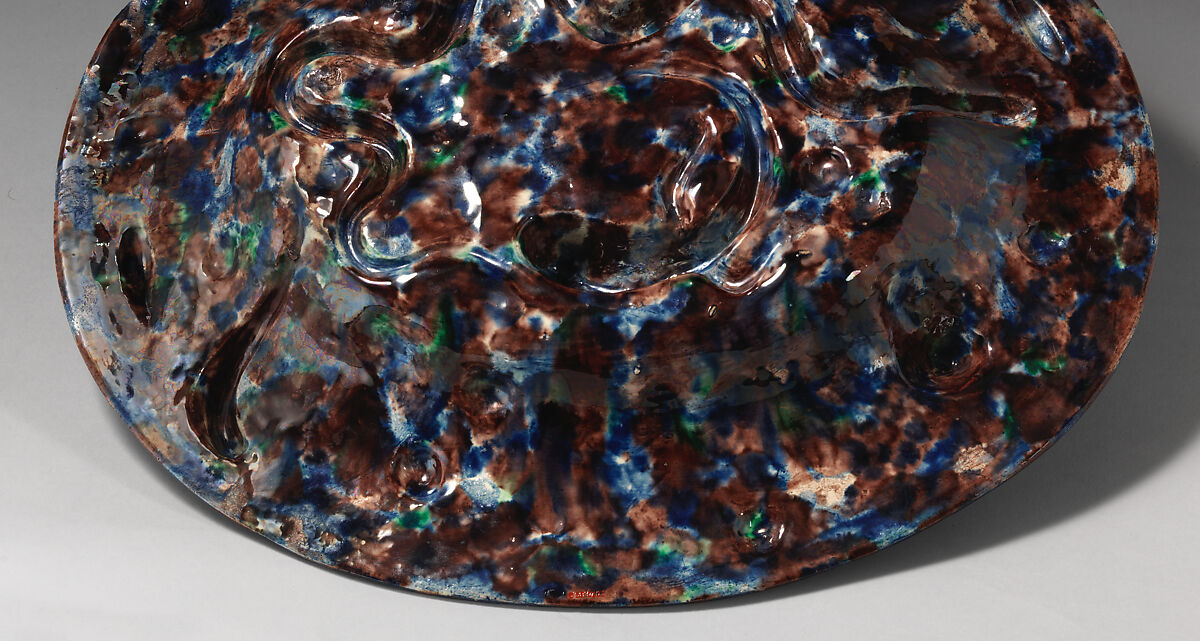 Oval basin with lizards, moths, and blue and purple background, Georges Pull (Wissembourg, Alsace-Lorraine, France 1810–1889 Paris, France), Glazed earthenware, French, Paris