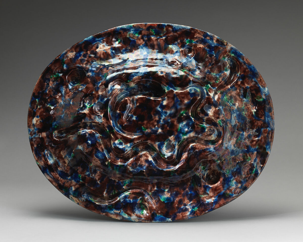 Oval basin with lizards, moths, and blue and purple background, Georges Pull (Wissembourg, Alsace-Lorraine, France 1810–1889 Paris, France), Glazed earthenware, French, Paris