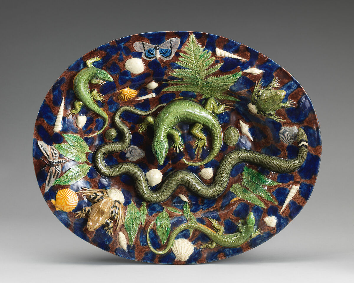 Oval basin with lizards, moths, and blue and purple background, Georges Pull (Wissembourg, Alsace-Lorraine, France 1810–1889 Paris, France), Glazed earthenware, French, Paris 