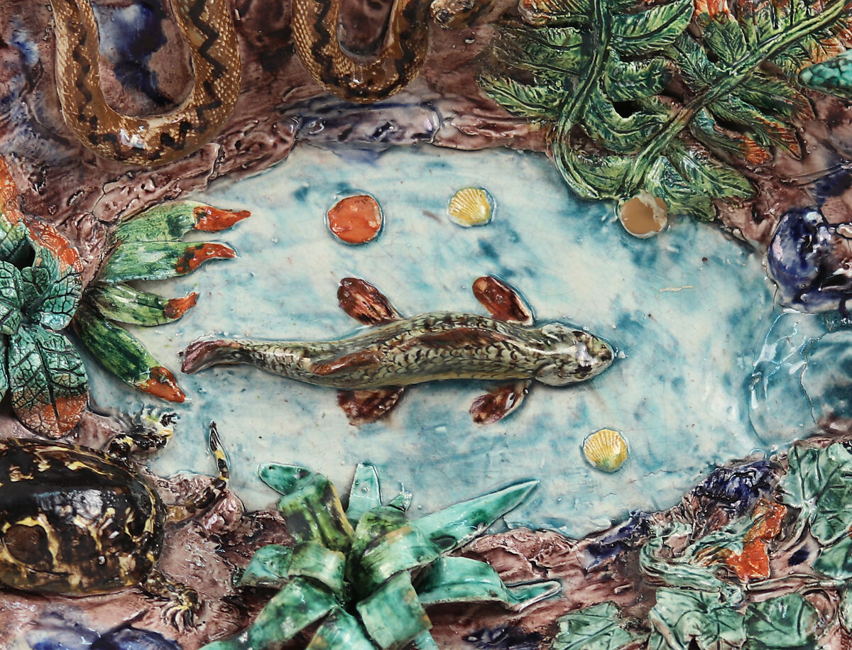 Small oval dish with fish and serpent, Joseph Landais (French, Tours, Calle-Guérand, Touraine, France 1800–1883 Tours, France), Glazed earthenware, French, Tours