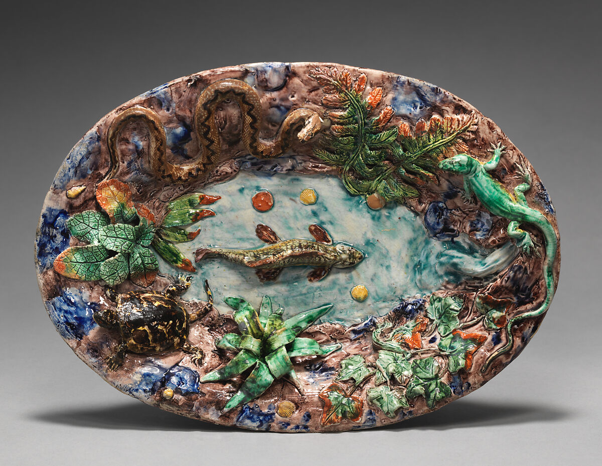 Small oval dish with fish and serpent, Joseph Landais (French, Tours, Calle-Guérand, Touraine, France 1800–1883 Tours, France), Glazed earthenware, French, Tours 