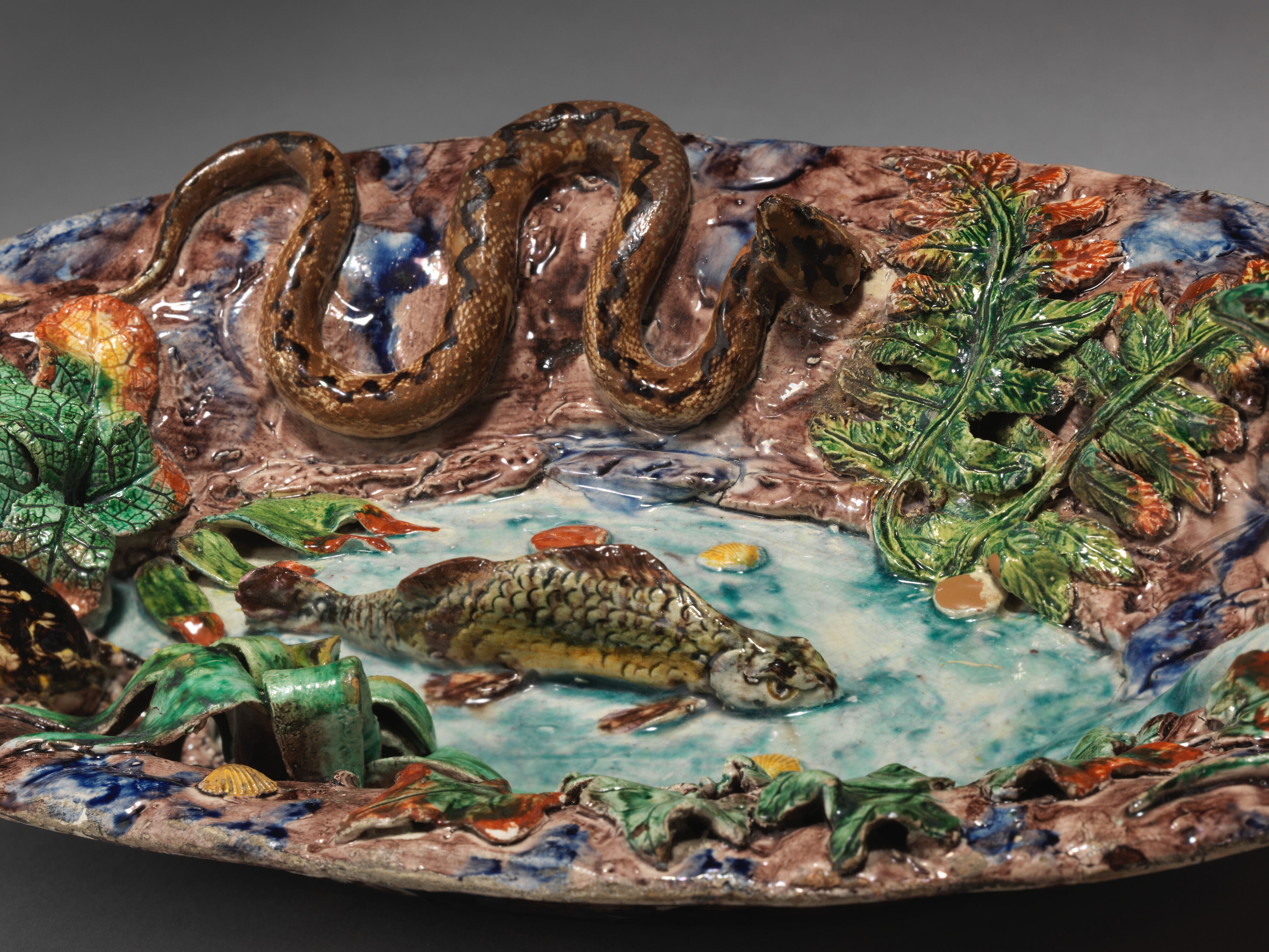Joseph Landais - Small oval dish with fish and serpent - French