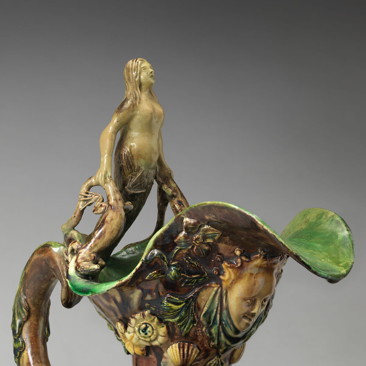 Ewer with female figure, Joseph Landais (French, Tours, Calle-Guérand, Touraine, France 1800–1883 Tours, France), Glazed earthenware, French, Tours