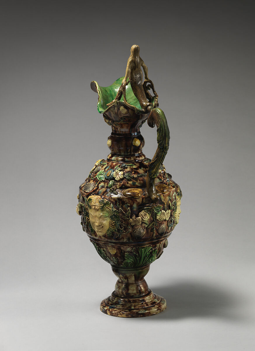 Ewer with female figure, Joseph Landais (French, Tours, Calle-Guérand, Touraine, France 1800–1883 Tours, France), Glazed earthenware, French, Tours