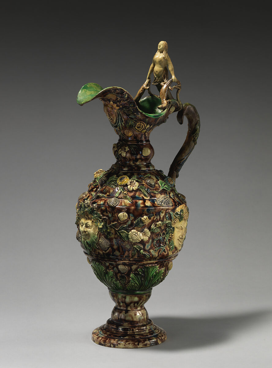 Ewer with female figure, Joseph Landais (French, Tours, Calle-Guérand, Touraine, France 1800–1883 Tours, France), Glazed earthenware, French, Tours