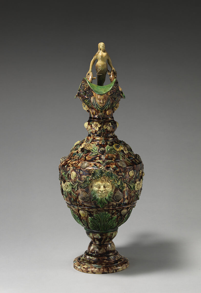 Ewer with female figure, Joseph Landais (French, Tours, Calle-Guérand, Touraine, France 1800–1883 Tours, France), Glazed earthenware, French, Tours