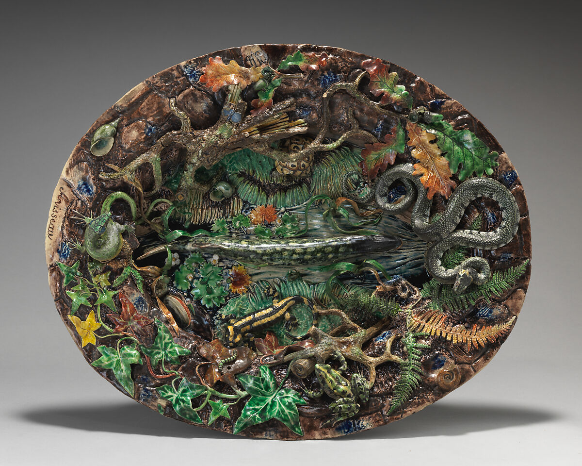 Medium oval basin with fish, bark, and fall leaves, Charles-Jean Avisseau (French, Tours 1796–1861 Tours), Glazed earthenware, French 