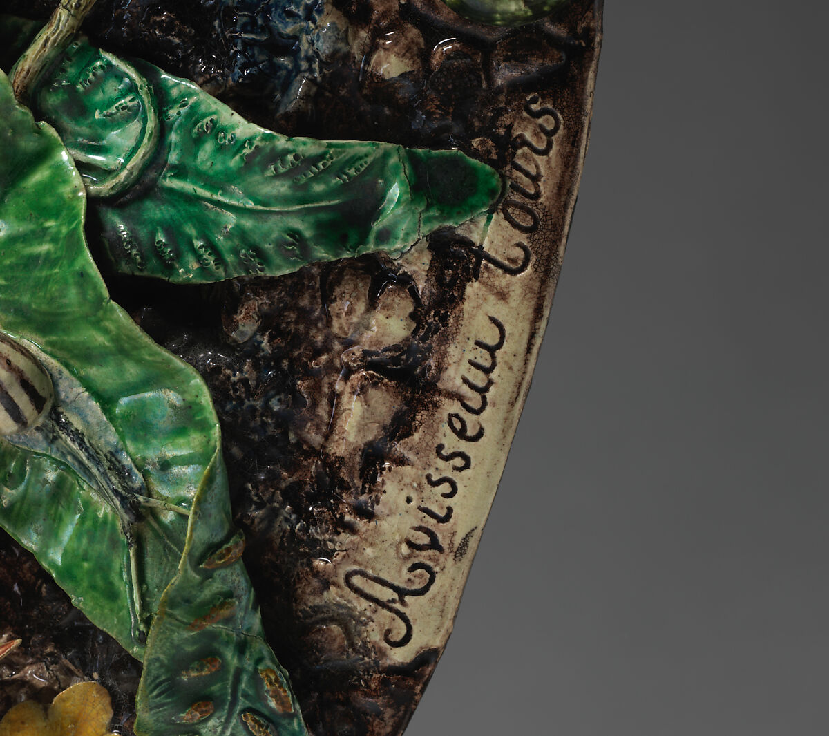 Large basin with snake, ferns, and bark, Charles-Jean Avisseau (French, Tours 1796–1861 Tours), Glazed earthenware, French