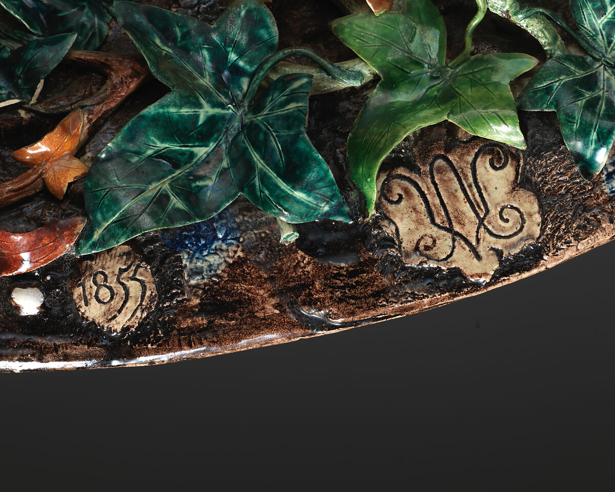 Large basin with snake, ferns, and bark, Charles-Jean Avisseau (French, Tours 1796–1861 Tours), Glazed earthenware, French