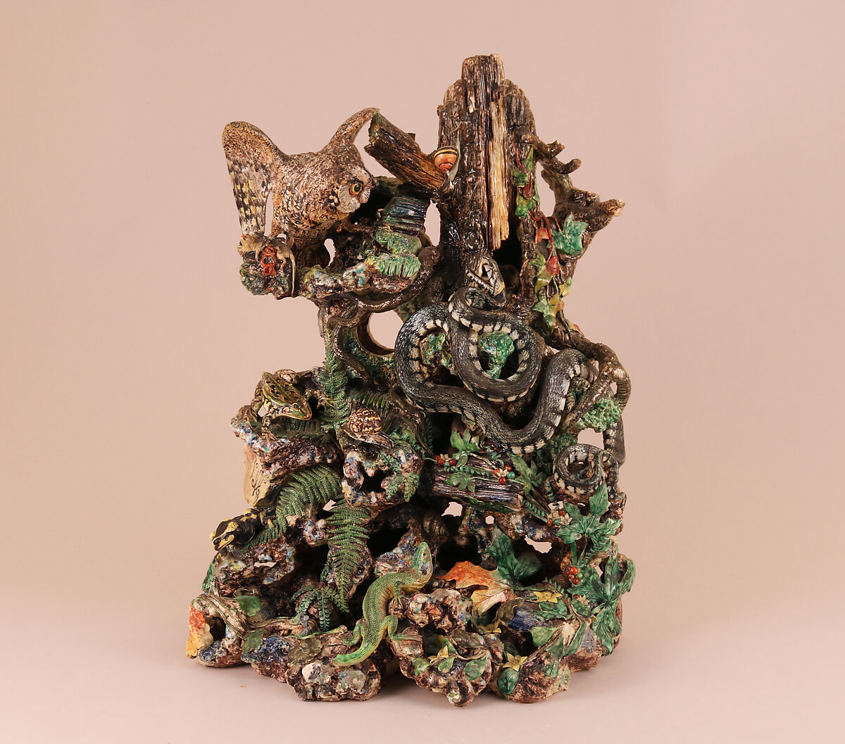 Grotto with owl, snake, and lizard, Charles-Jean Avisseau (French, Tours 1796–1861 Tours), Glazed earthenware, French