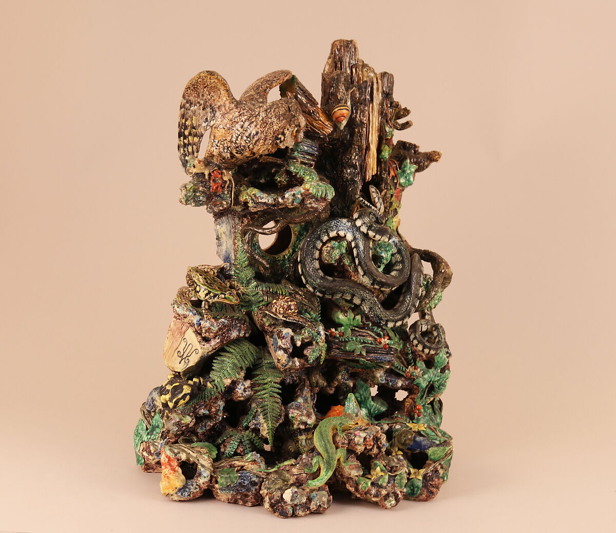 Grotto with owl, snake, and lizard, Charles-Jean Avisseau (French, Tours 1796–1861 Tours), Glazed earthenware, French