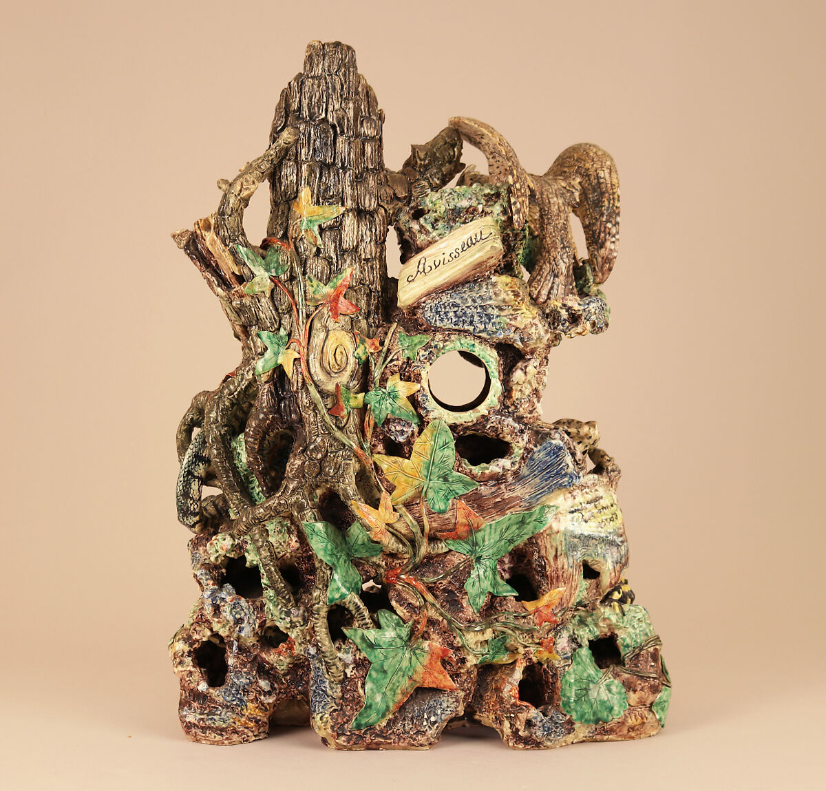 Grotto with owl, snake, and lizard, Charles-Jean Avisseau (French, Tours 1796–1861 Tours), Glazed earthenware, French