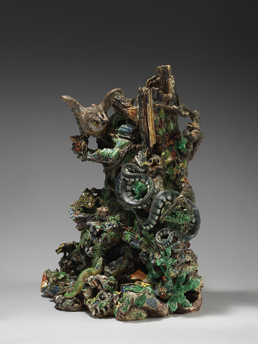 Grotto with owl, snake, and lizard, Charles-Jean Avisseau (French, Tours 1796–1861 Tours), Glazed earthenware, French