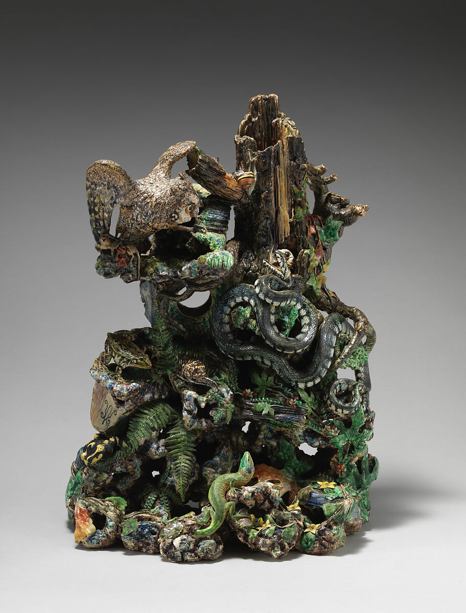 Grotto with owl, snake, and lizard, Charles-Jean Avisseau  French, Glazed earthenware, French