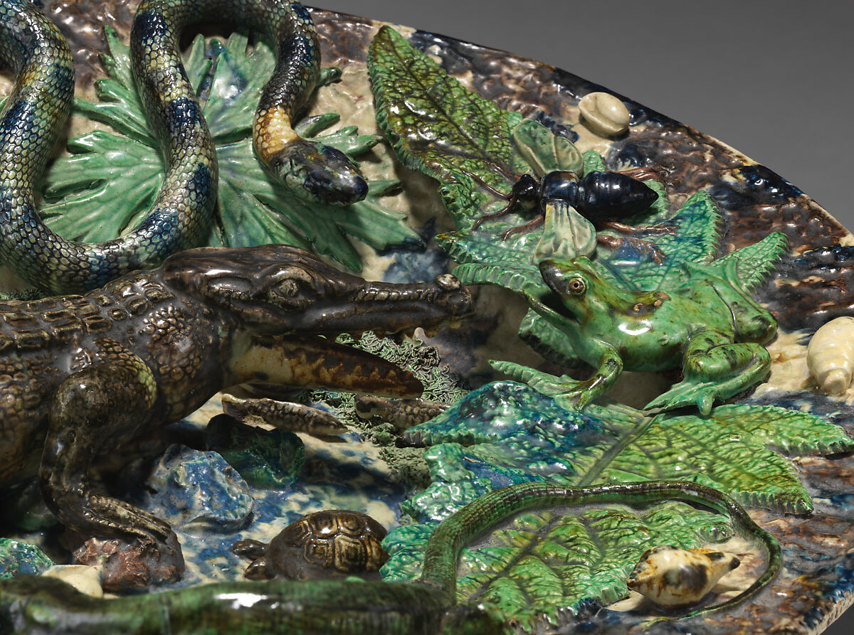 Platter with crocodile, snake, and lizard, School of Paris, Glazed earthenware, French