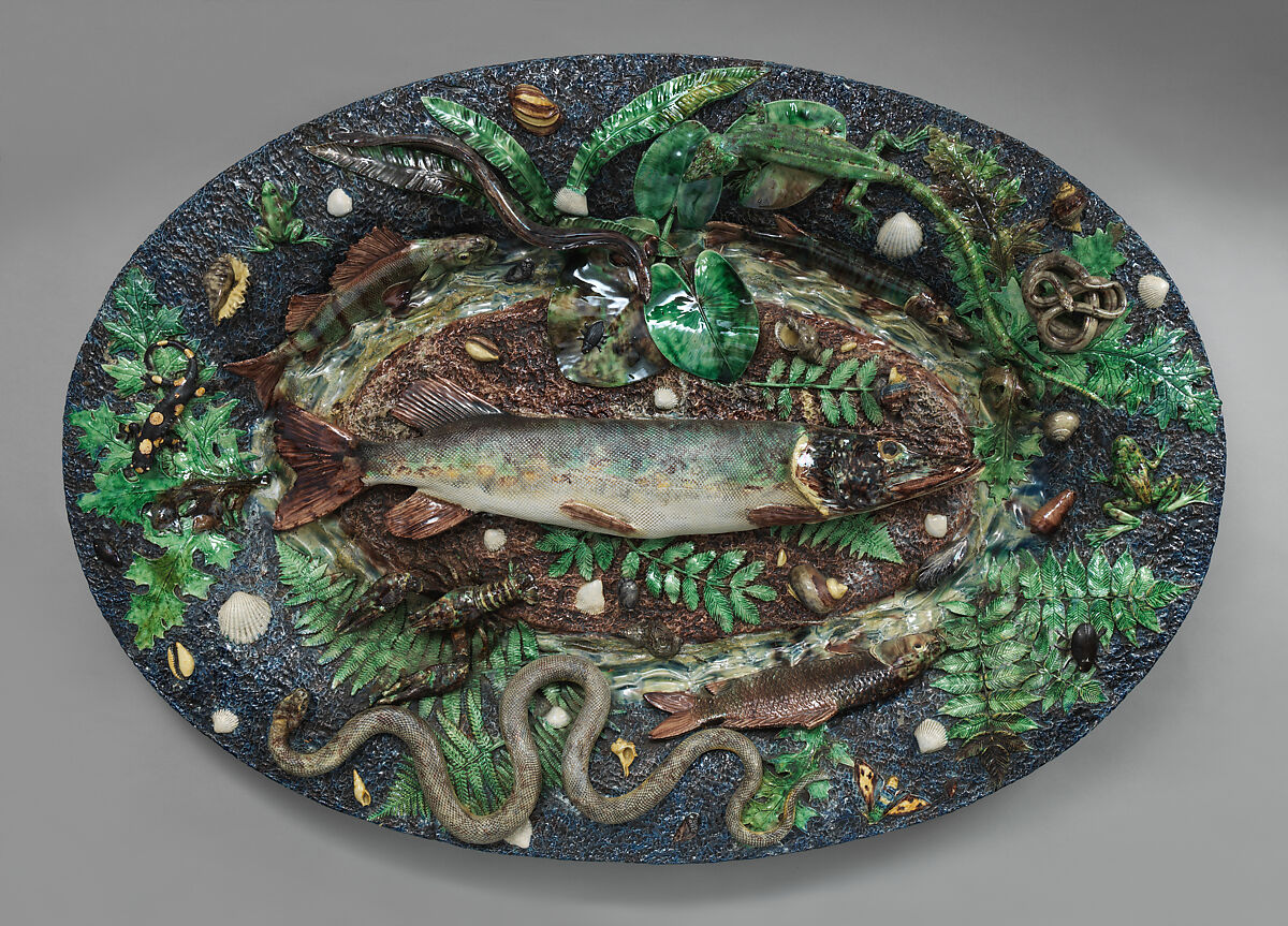 Large Platter with Fish, Probably made by Victor Barbizet (French, Burgundy, France 1805–1870 Paris), Glazed earthenware, French 