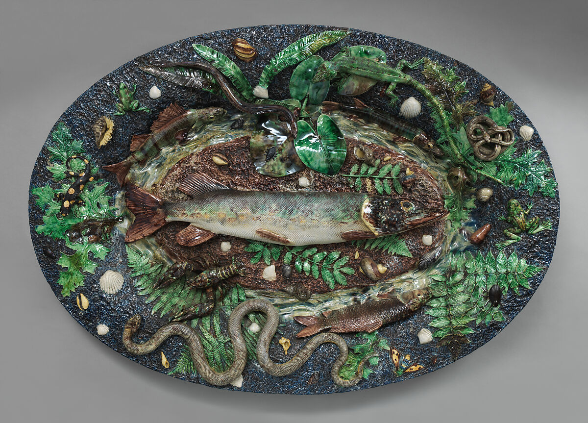 Probably made by Victor Barbizet, Large Platter with Fish, French