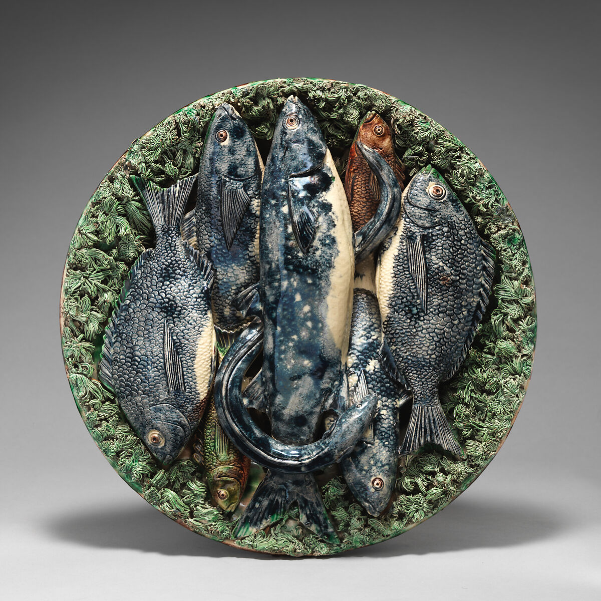 Round dish with moss and fish, José Francisco de Sousa (Portuguese, Caldas da Rainha, Portugal, active 1860–1893), Glazed earthenware, Portugal, Caldas de Rainha 