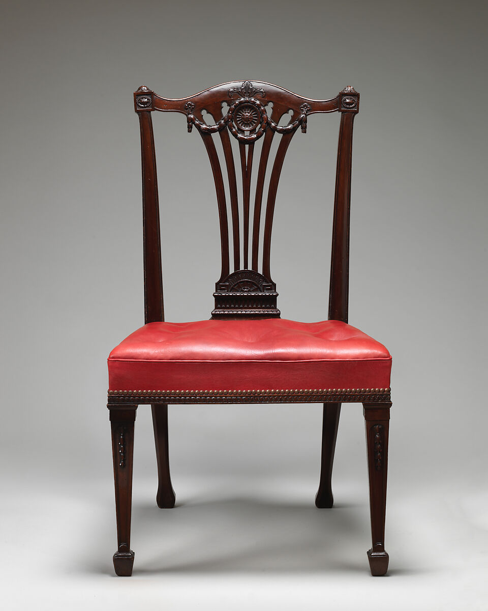 Side chair (one of a set of fourteen), Robert Adam (British, Kirkcaldy, Scotland 1728–1792 London), Mahogany, covered in modern red morocco leather, British