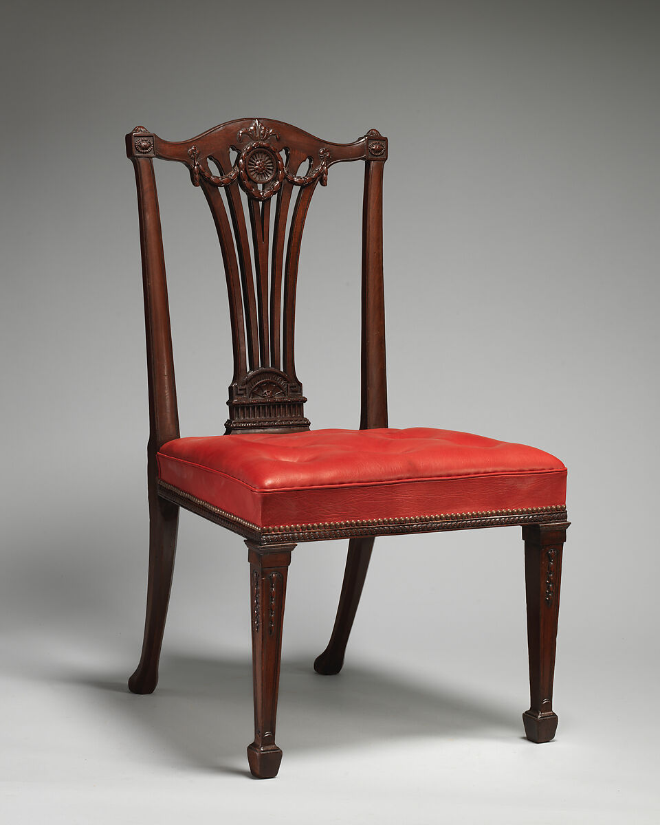 Side chair (one of a set of fourteen), Robert Adam (British, Kirkcaldy, Scotland 1728–1792 London), Mahogany, covered in modern red morocco leather, British